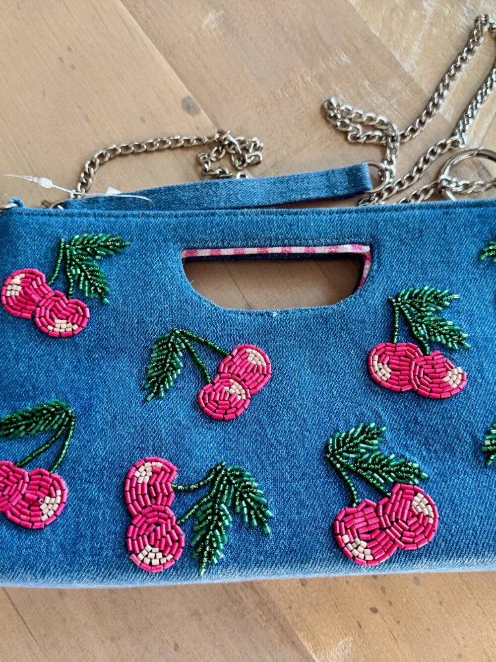 NWT Viral TJ Maxx Cherry Beaded Denim Bag Clutch Chain Handcrafted India